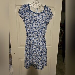 Boden Blue w/ White Fern Leaves Dress sz 8R
